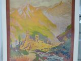 peinture représentant une affiche illustrant un paysage de montagne avec une rivière au premier plan