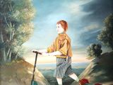 une peinture représentant un jeune garçon en scooter