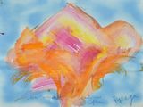 une peinture représentant une fleur orange et rose sur fond bleu