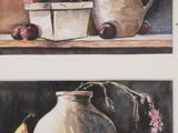painting of a still life of fruit and a pitcher on a shelf