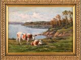une peinture à l'huile représentant des vaches dans un pâturage au bord d'un lac