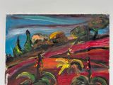 peinture d'un paysage avec des arbres et des collines en arrière-plan