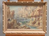 painting of a bridge over a river with a castle in the background
