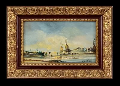 une peinture à l'huile représentant des bateaux sur un plan d'eau, sur fond noir
