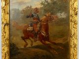 une peinture à l'huile représentant un homme à cheval dans un champ