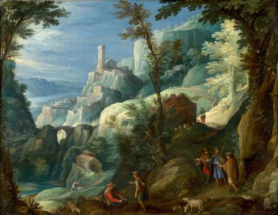 painting of a mountainous landscape with figures and animals in the foreground and a castle in the background