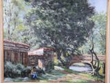a painting of a man sitting on a bench in a park