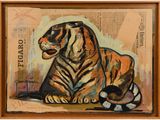une peinture à l'huile représentant un tigre assis sur une table