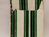 an old book with green and white stripes on a white background