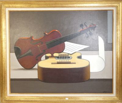 a painting of a guitar and a violin on a table