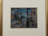 painting of a city street scene with a train passing by