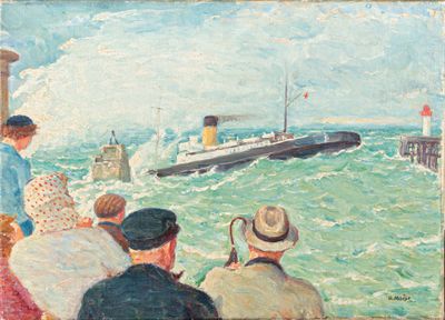 a painting of a group of people watching a ship in the water