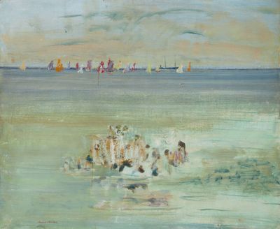 tableau représentant un groupe de personnes s'amusant dans l'eau à la plage