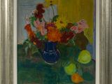 a painting of flowers in a blue vase on a table