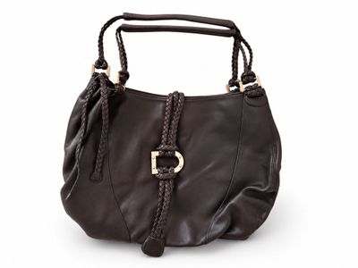 a brown purse with a braid handle and a metal clasp