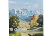 une peinture à l'huile représentant un paysage de montagne avec une rivière et des arbres