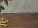 a painting of flowers in a blue vase on a table