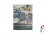 an abstract painting on a white wall with a blue and gold background