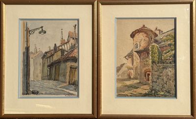 deux aquarelles encadrées représentant une rue et un immeuble