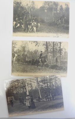 three old black and white photos of people riding horses in the woods