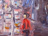 an oil painting of a man walking down a street next to a traffic light