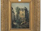 a painting of a street scene with a man walking down the street