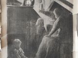 an old drawing of a woman and a child sitting in a room