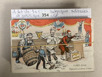 a picture of a postcard with a cartoon of a man at a desk