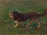 an oil painting of a dog running in the grass with a frisbee in it ' s mouth