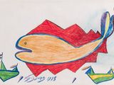 un dessin représentant un poisson et un bateau sur l'eau