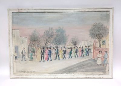 painting of a group of people walking down a street next to a building