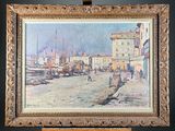 an image of a painting of a harbor scene with a horse drawn carriage