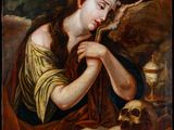 an image of a painting of a woman reading a book with a skull
