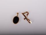 an image of a pair of gold and black earrings on a white background