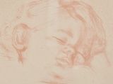 dessin représentant la tête d'un bébé, réalisé à la craie rouge sur une feuille de papier