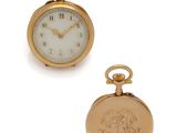 two gold - plated pocket watches, one with a white dial and the other with a gold - plated case