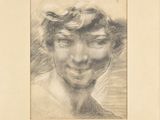 un vieux dessin d'une femme avec un chapeau sur la tête