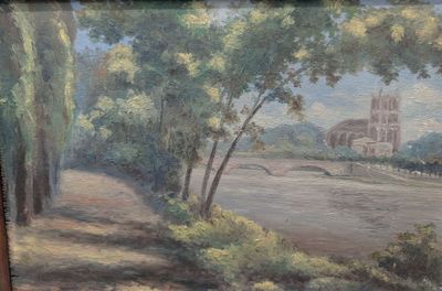 un tableau représentant une église au loin, avec des arbres au premier plan