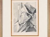 a black and white drawing of a man in a hat