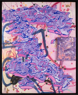 abstract painting of purple and blue paint on a pink background