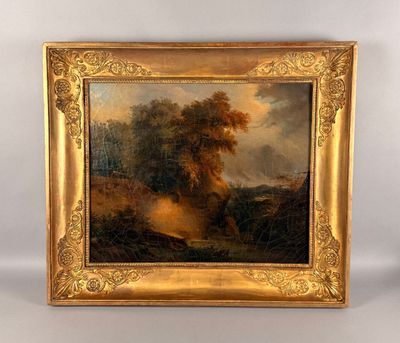 un tableau représentant un paysage avec une rivière et des arbres, dans un cadre doré