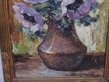 a painting of purple flowers in a vase on a table