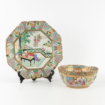 pair of chinese famille plates and a bowl