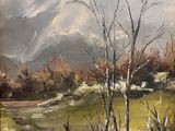 une peinture à l'huile représentant un paysage avec une rivière et des montagnes en arrière-plan