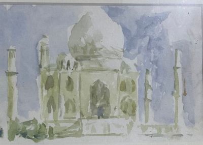 a watercolor painting of a taj mahal in india