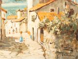 a painting of a woman walking down a street