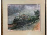 painting of a boat docked in a harbor with a foggy sky