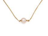 a pearl necklace with a gold chain on a white background