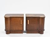 pair of art deco walnut nightstands with brass pulls