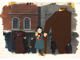 cartoon of a man and a little girl standing in front of a building